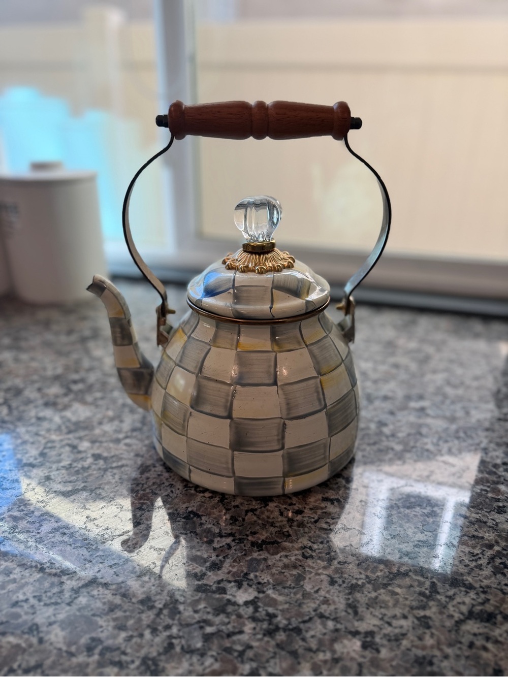 Mackenzie Childs Sterling Check 2 Court Tea Kettle Enameled Steel GORGEOUS